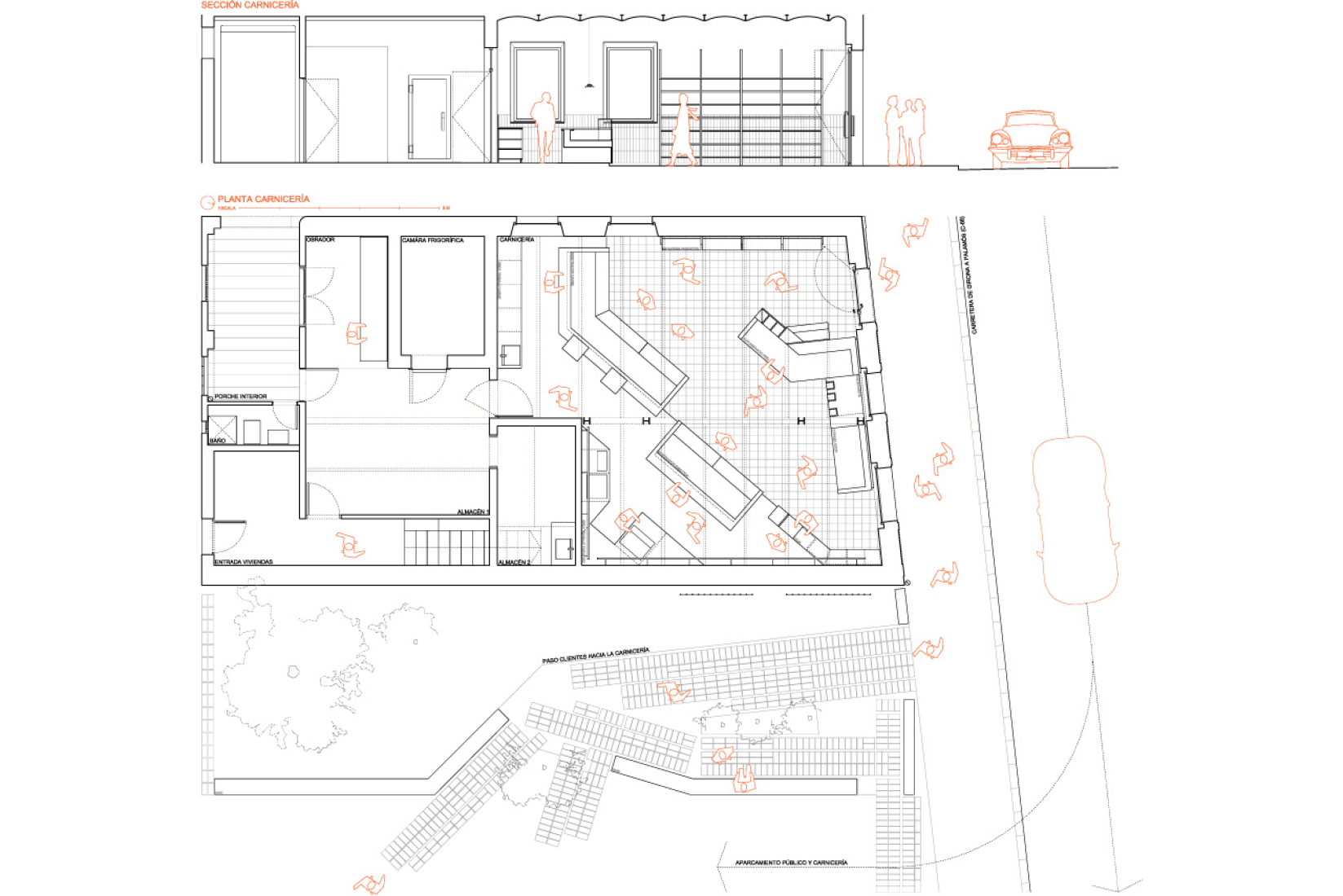 Sección y planta. Carnicería Germans Soler por Pau Sarquella. 