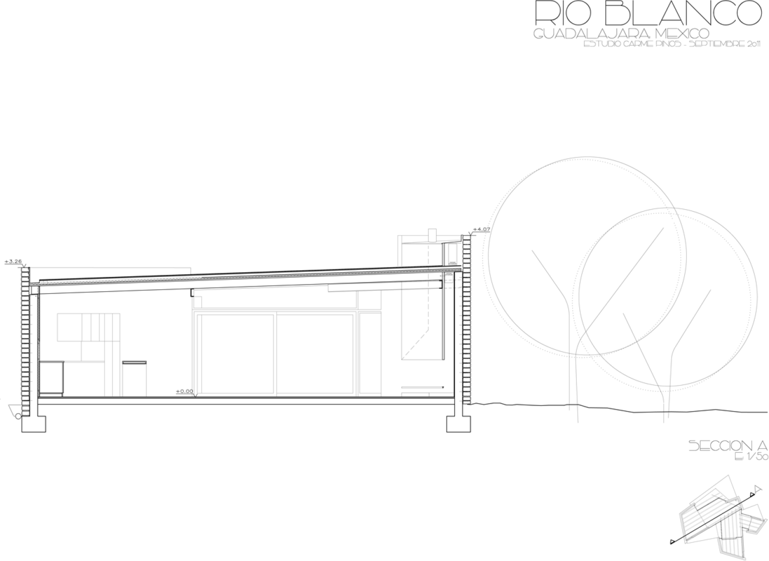 Longitudinal section plan. Pavillion in Río Blanco by Carme Pinós.