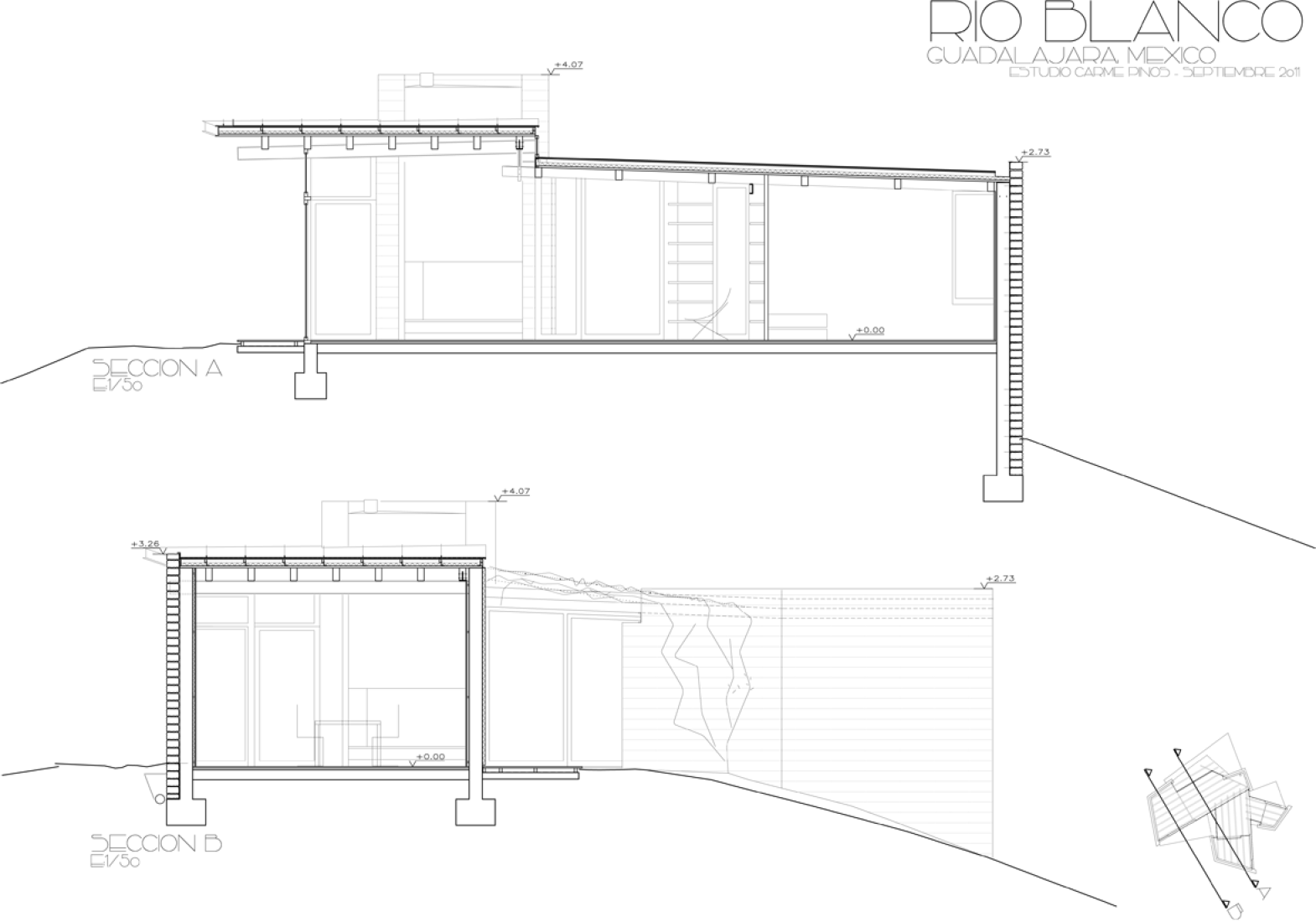 Cross section plan. Pavillion in Río Blanco by Carme Pinós.