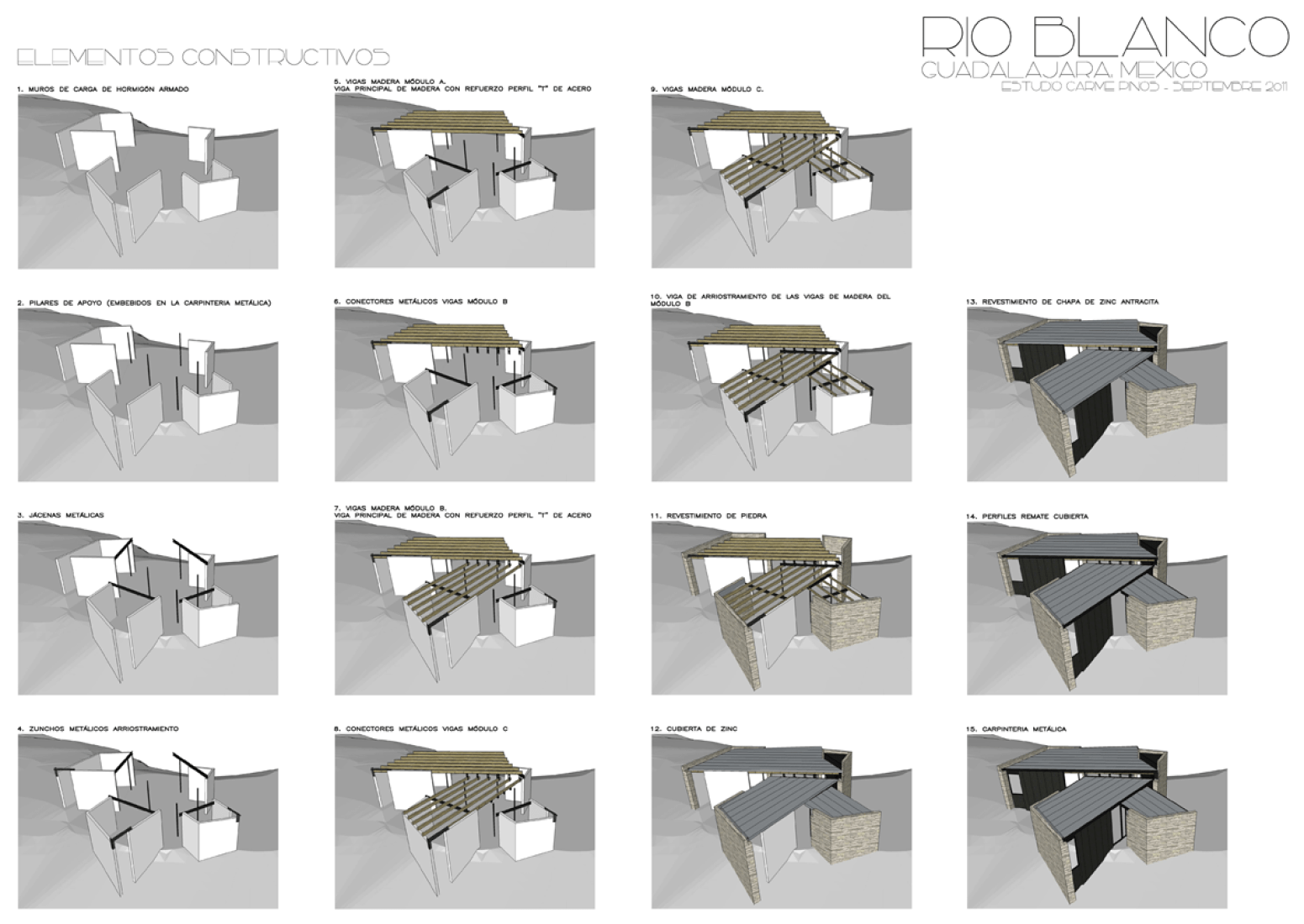 Diagrams of the constructive elements. Pavillion in Río Blanco by Carme Pinós.