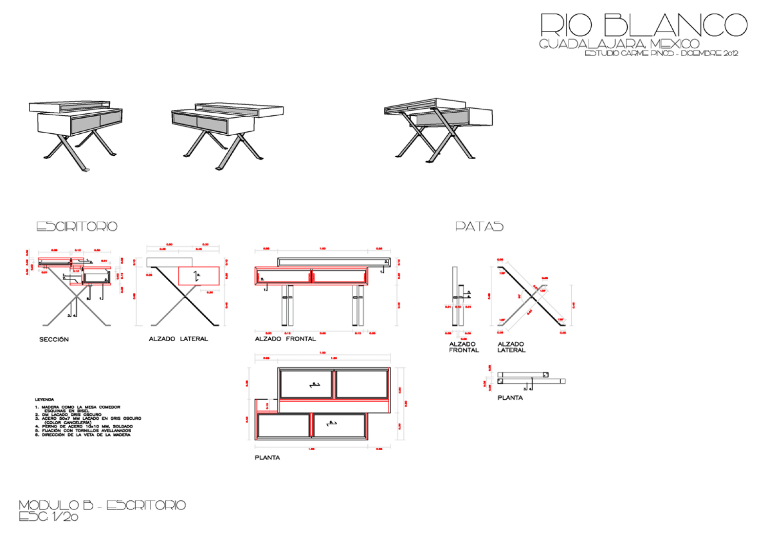 Furniture plans. Desk. Pavillion in Río Blanco by Carme Pinós.