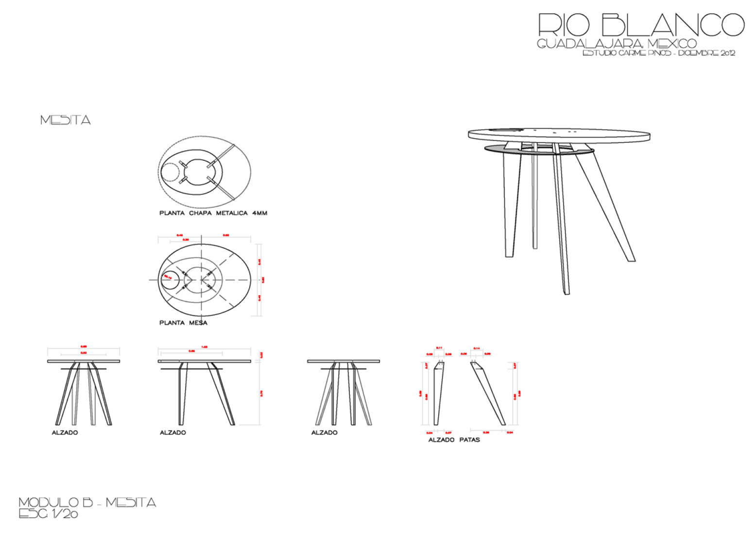 Furniture plans. Side table. Pavillion in Río Blanco by Carme Pinós.