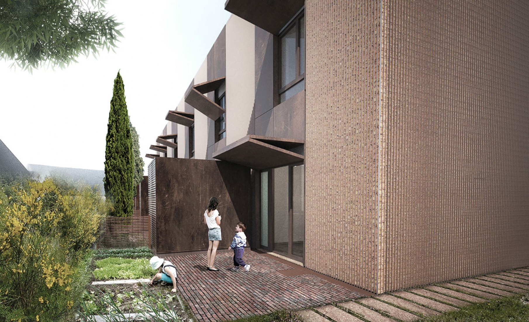 Rendering. Attached houses in Sesto San Giovanni by Gino Guarnieri and Roberto Mascazzini. 