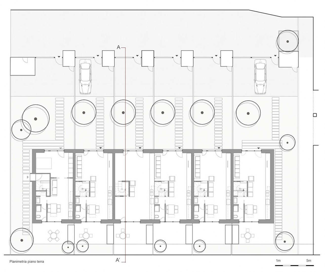 Entrance floor plan. Attached houses in Sesto San Giovanni by Gino Guarnieri and Roberto Mascazzini. 