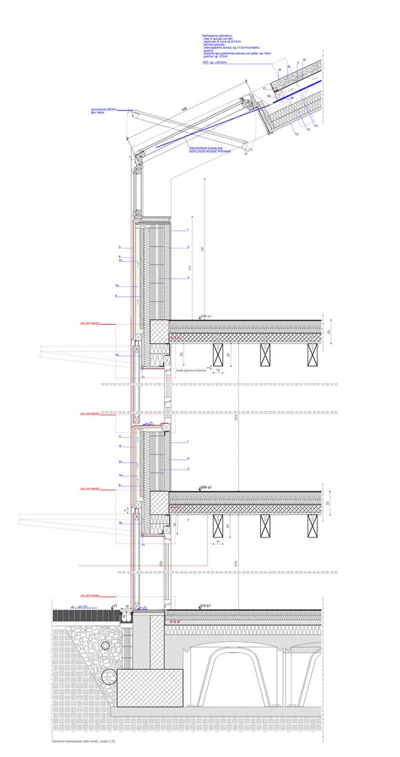 Constructive section. Attached houses in Sesto San Giovanni by Gino Guarnieri and Roberto Mascazzini. 