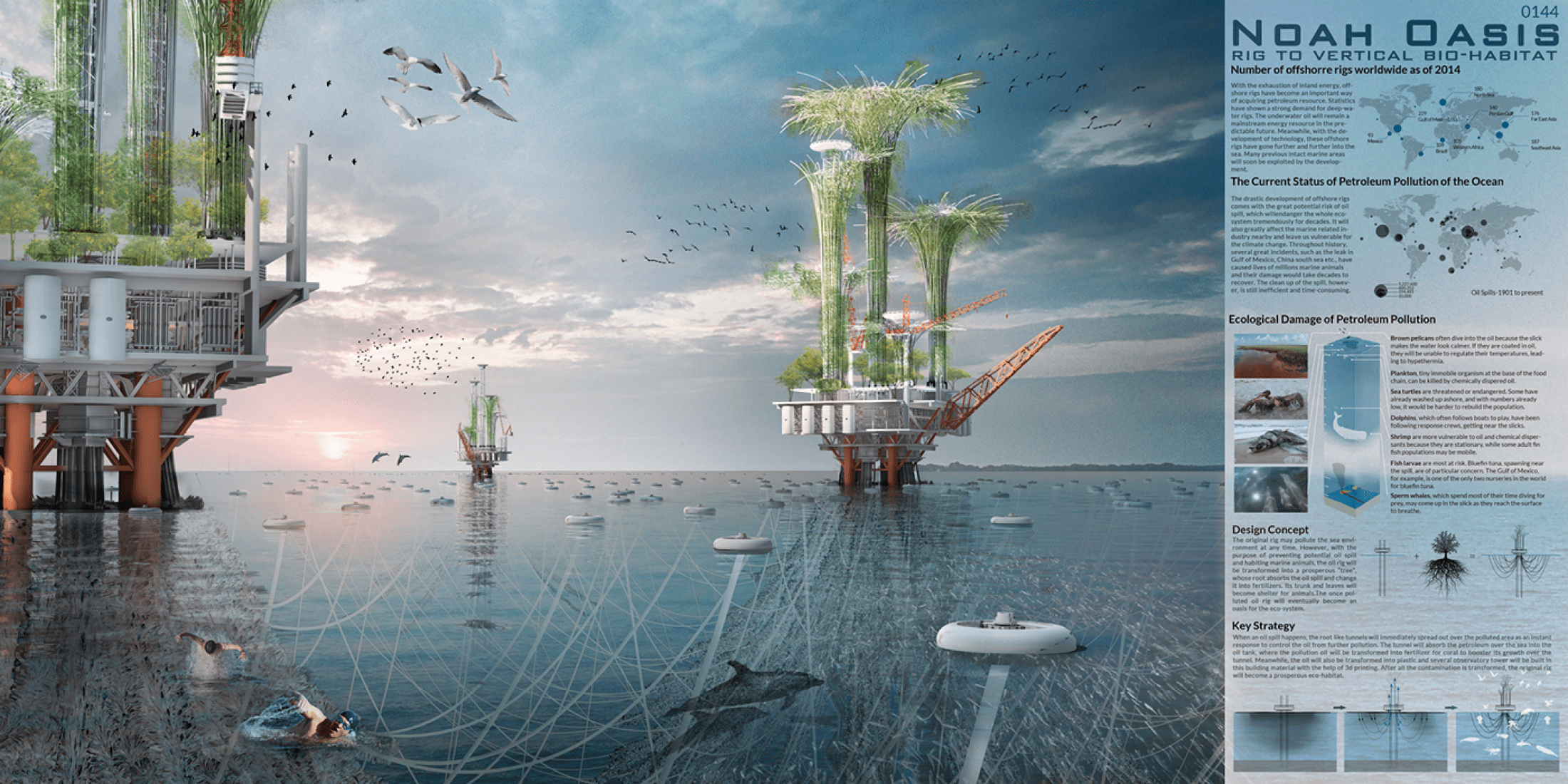 MENCIÓN DE HONOR. “Noah Oasis: Rig to Vertical Bio-Habitat” / Ma Yidong, Zhu Zhonghui, Qin Zhengyu, Jiang Zhe. Imagen cortesía de eVolo.