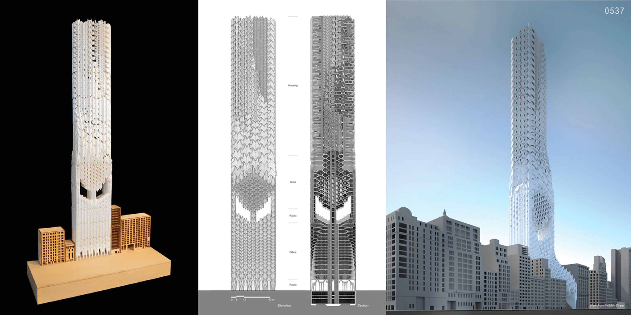 MENCIÓN DE HONOR. “Deep Skins: New Skyscraper Typology in NYC as an Adaptive Organism” / Yongsu Choung, Ge Zhang, Chuanjingwei Wang. Imagen cortesía de eVolo.