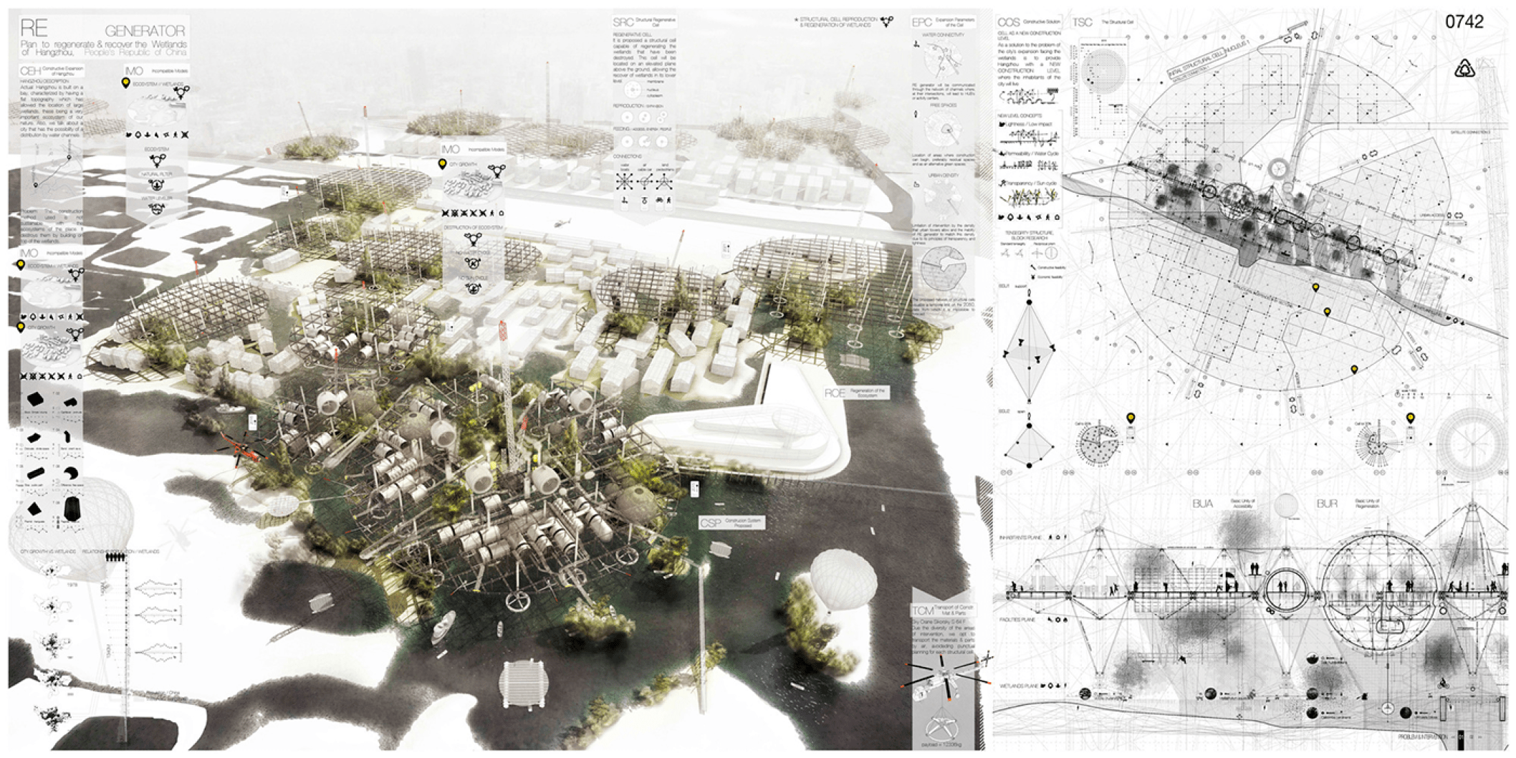 MENCIÓN DE HONOR. “Re-Generator Skyscraper: Plan to Regenerate the Wetlands of Hangshou / Gabriel Munoz Moreno”. Imagen cortesía de eVolo.