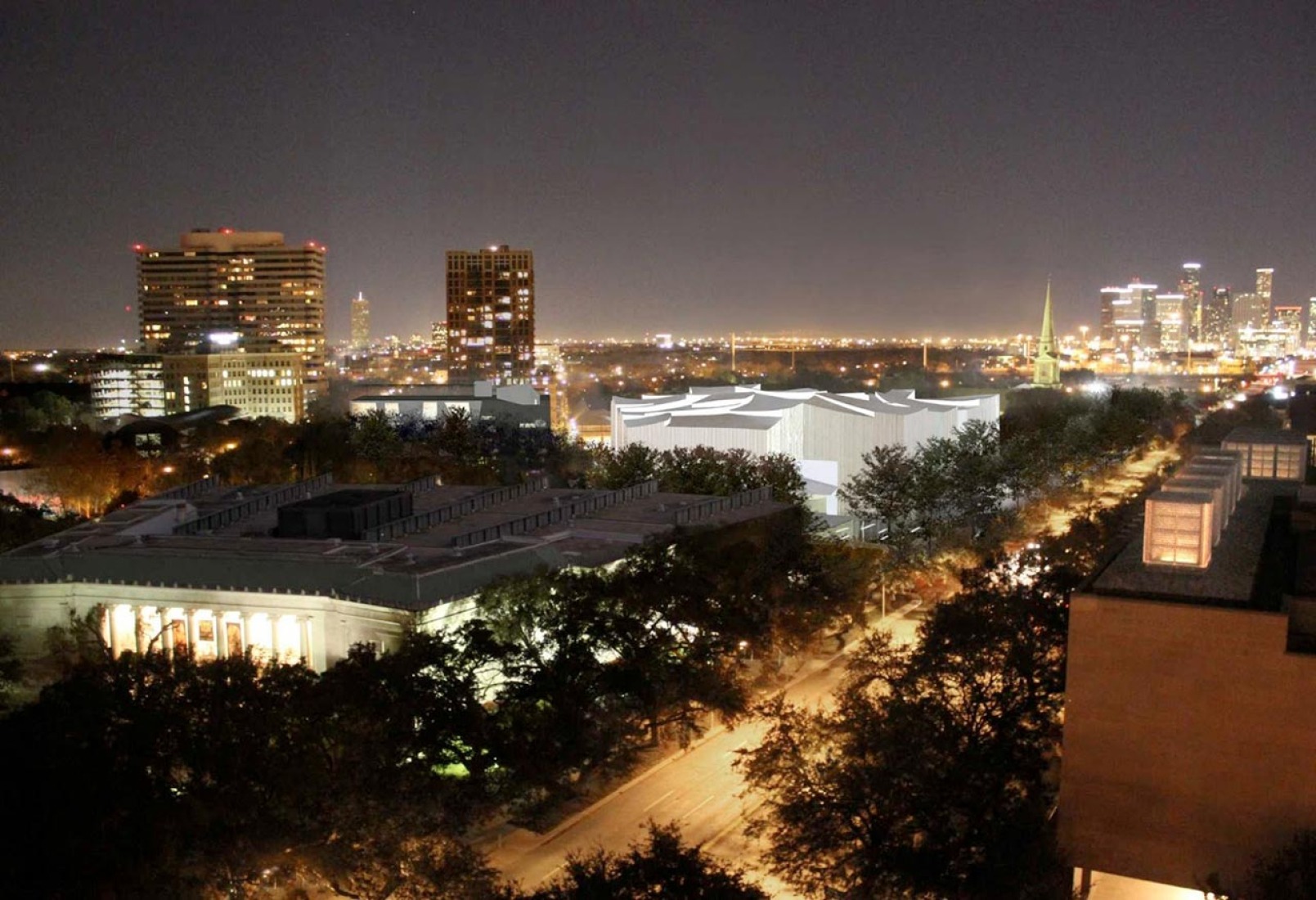 Aerial night view of the Fayez S. Sarofim Campus, with the Nancy and Rich Kinder Building and the Glassell School of Art. Rendering courtesy of Steven Holl Architects. 