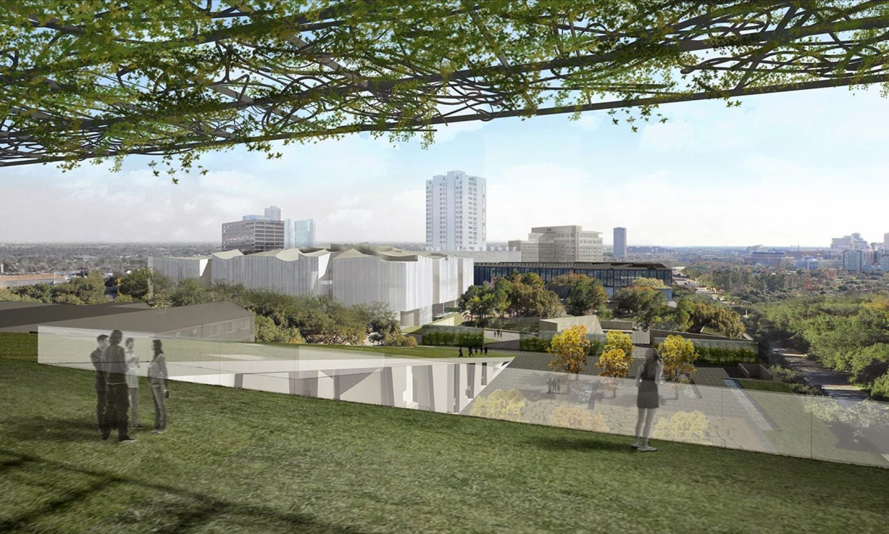 View of the Museum of Fine Arts, Houston campus from the rooftop of the Glassell School of Art. Rendering courtesy of Steven Holl Architects.