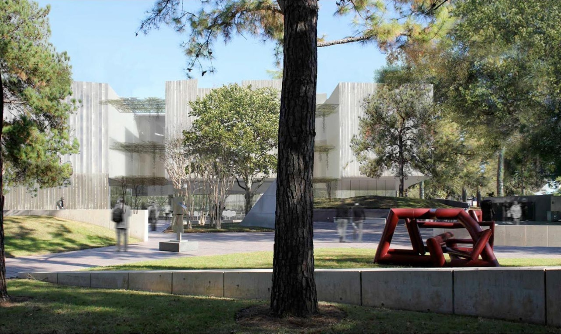 View of the Nancy and Rich Kinder Building Restaurant Entrance from the Lillie and Hugh Roy Cullen Sculpture Garden. Rendering courtesy of Steven Holl Architects.