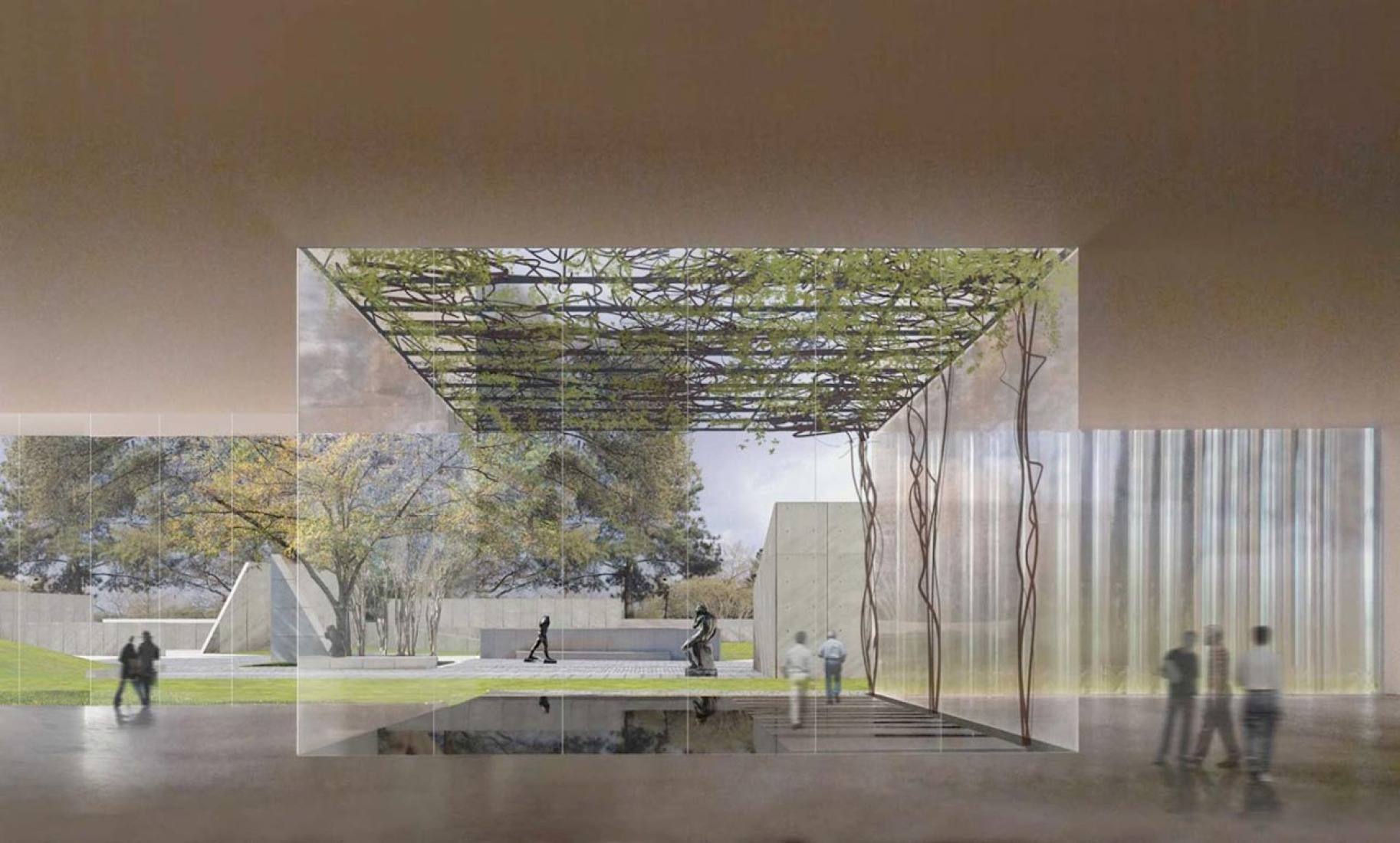 The Nancy and Rich Kinder Building entrance and garden view. Rendering courtesy of Steven Holl Architects.