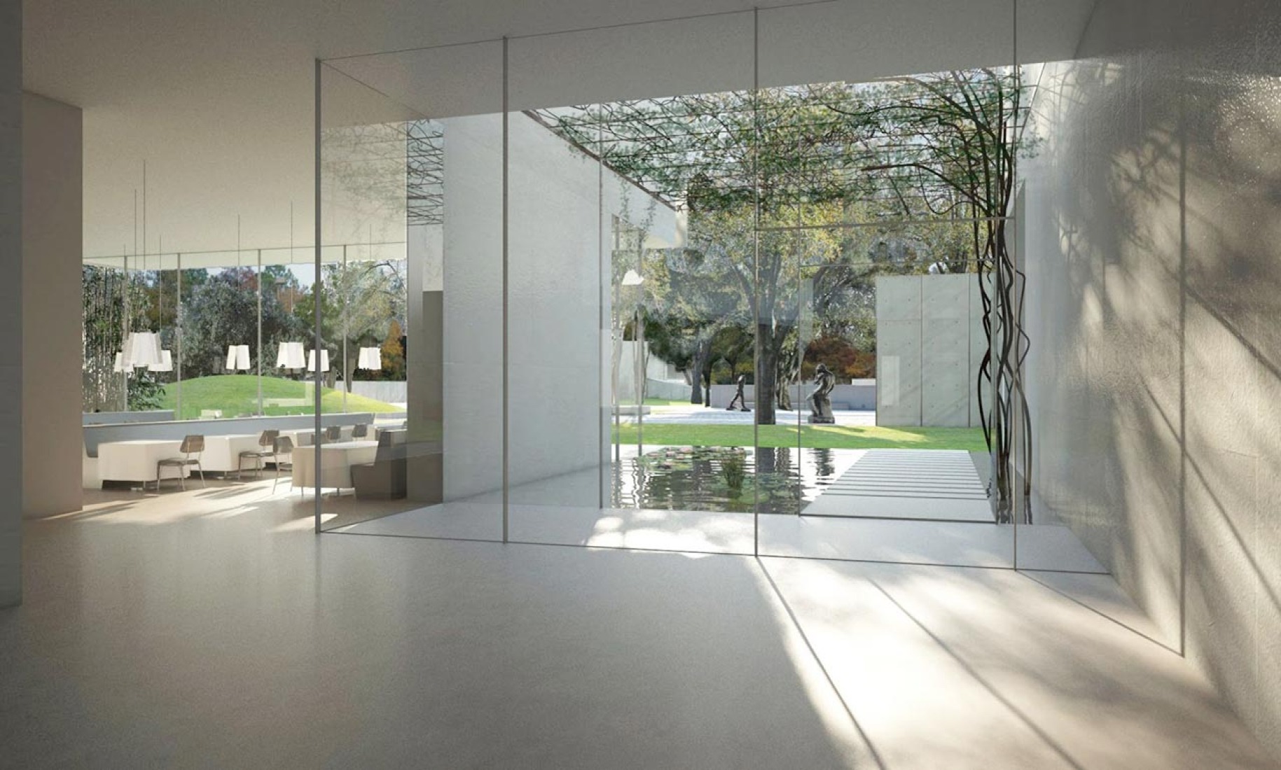 The Nancy and Rich Kinder Building entrance and garden view. Rendering courtesy of Steven Holl Architects.