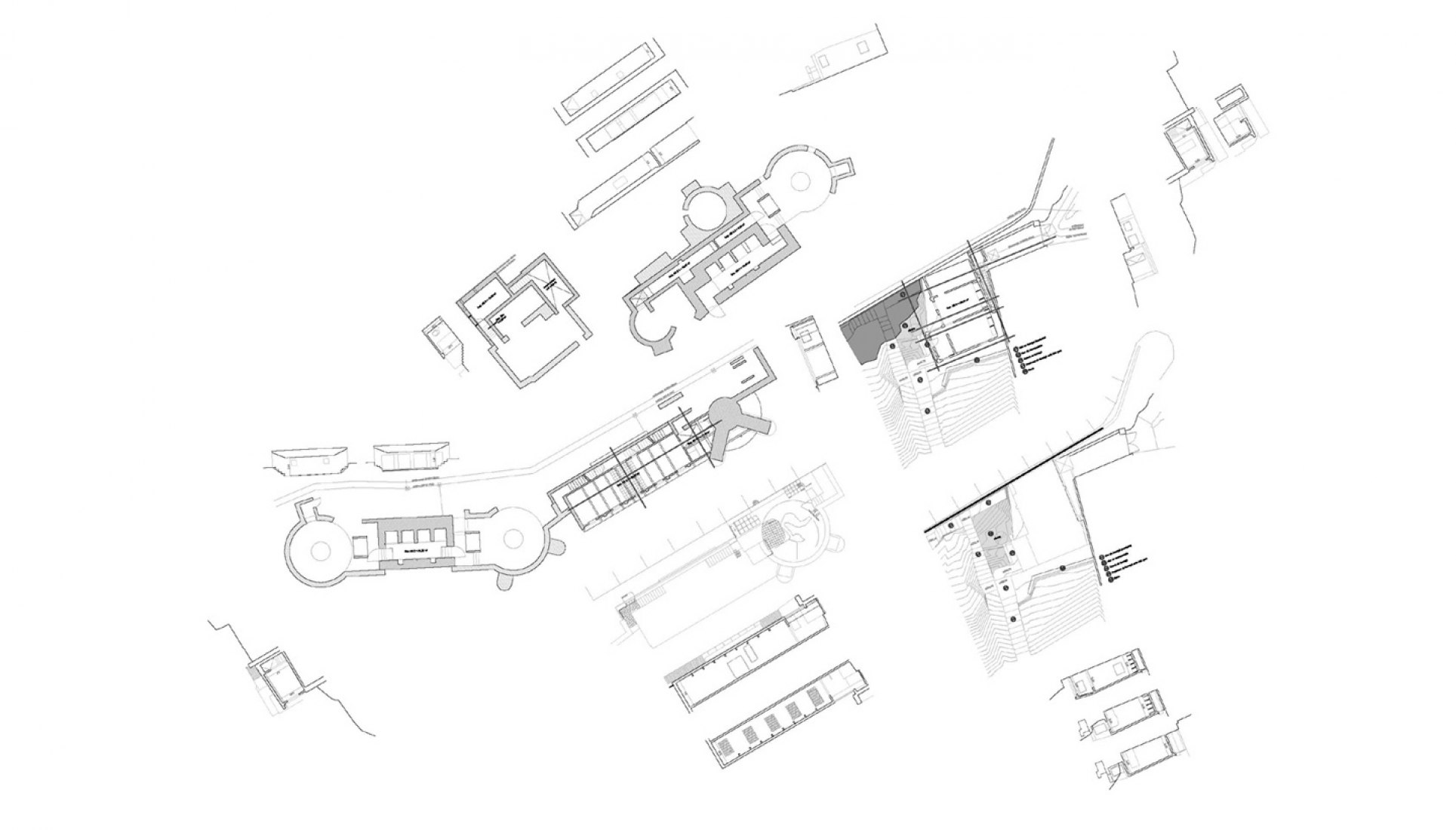 Main floor plans and elevations of bunkers. Turó de la Rovira by AAUP + JDVDP. 