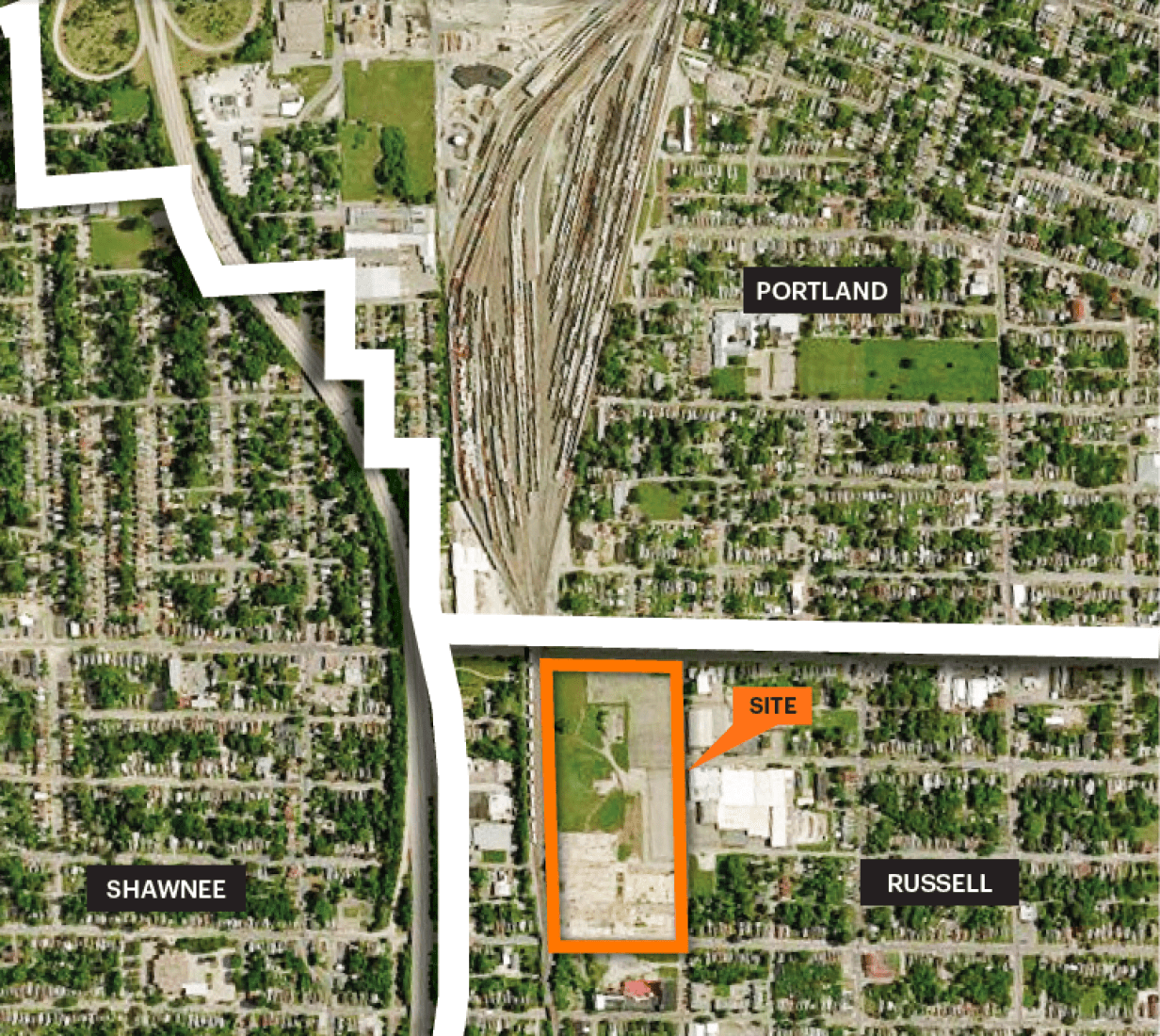 Site plan. The Food Hub site sits at the intersection of the Russell, Portland, and Shawnee neighborhoods.