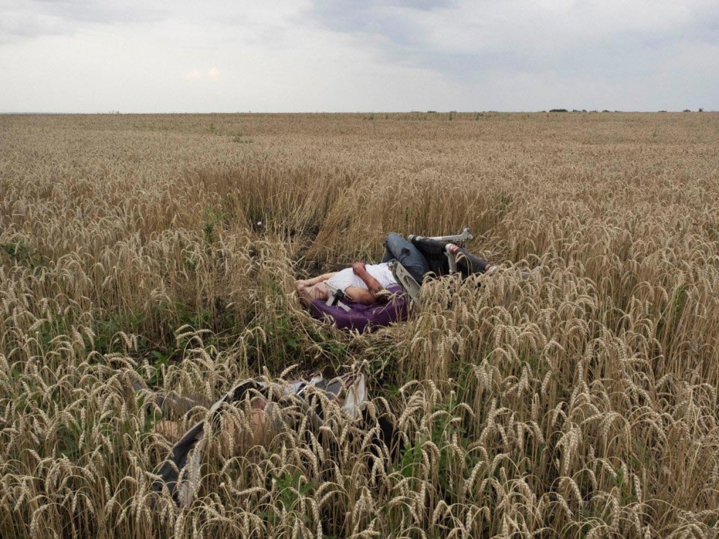 ﻿﻿﻿Crime Without Punishment. Jérôme Sessini. Spot News 2015. Primer premio historias. Bajo el fuerte sol de julio del este de Ucrania, los restos humanos yacen sobre una gran superficie mientras los milicianos pro-rusos blanden sus armas para mantener a los observadores europeos a distancia.