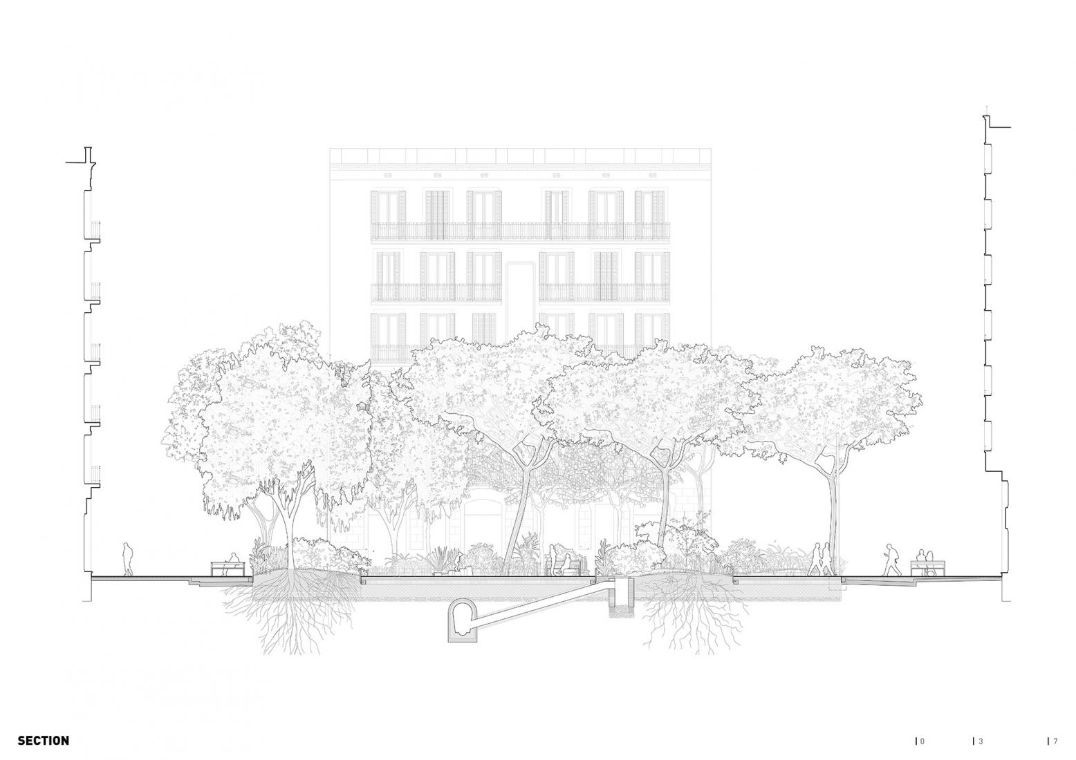 Plano de sección. Plaza-Jardín Rocafort por 08014 Arquitectura. Plano de sección. Plaza-Jardín Rocafort por 08014 Arquitectura.