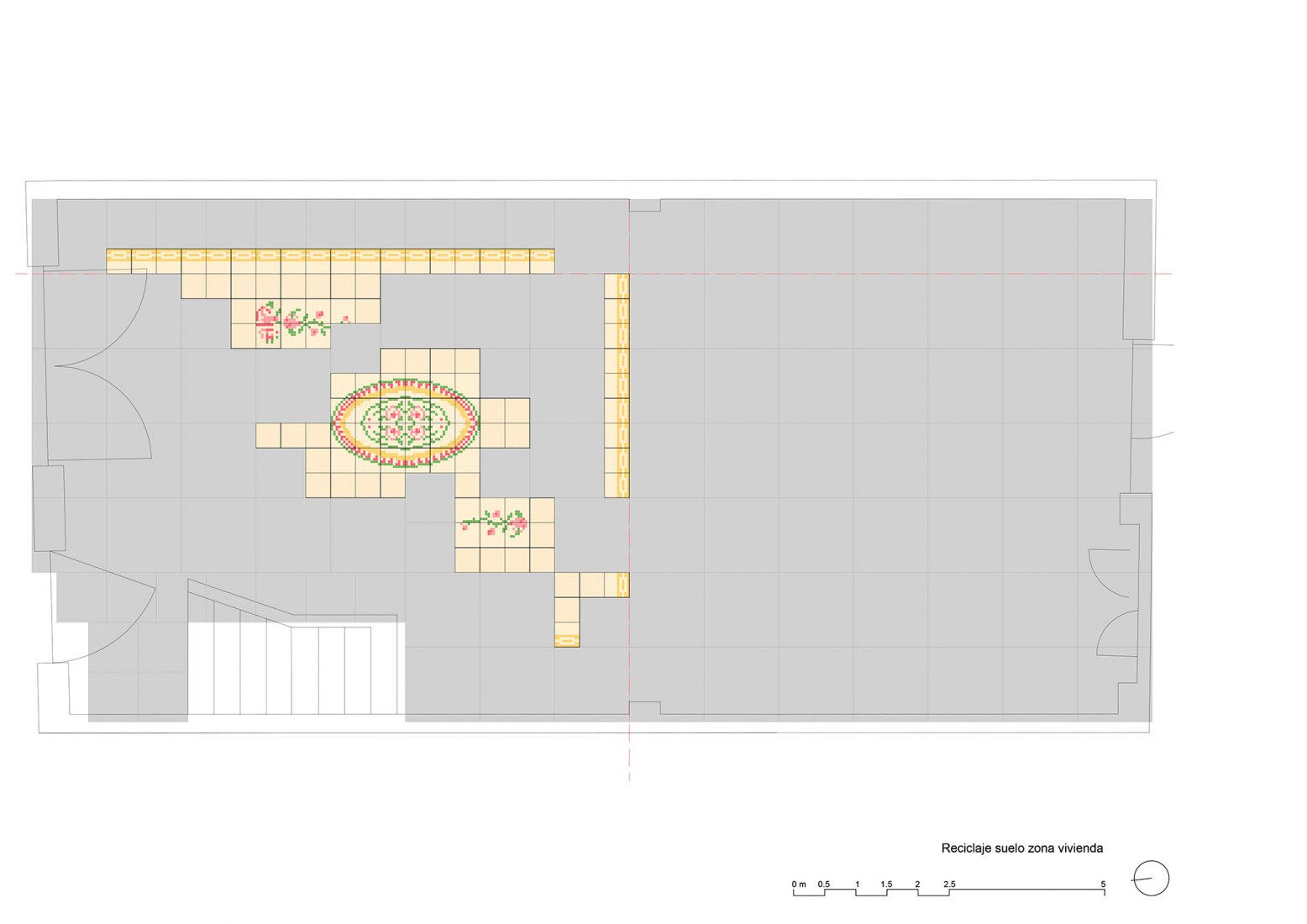 Floor tiles recycling in living area. House-Workshop in Cabanyal by Estudio Alberto Burgos and Teresa Carrau Carbonell Floor tiles recycling in living area. House-Workshop in Cabanyal by Estudio Alberto Burgos and Teresa Carrau Carbonell