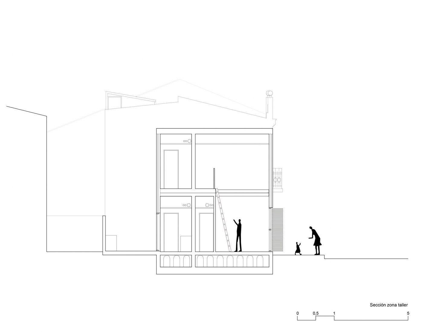 Workshop area section. House-Workshop in Cabanyal by Estudio Alberto Burgos and Teresa Carrau Carbonell Workshop area section. House-Workshop in Cabanyal by Estudio Alberto Burgos and Teresa Carrau Carbonell