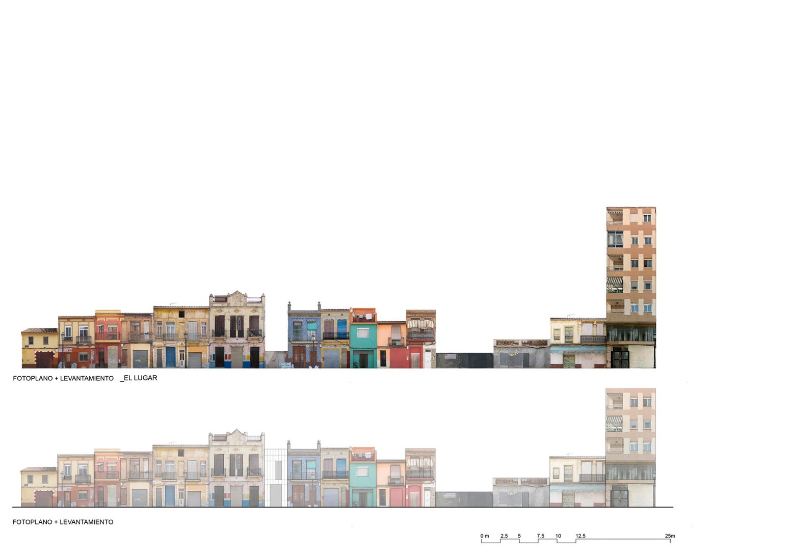 Photo plan and elevation of the street. House-Workshop in Cabanyal by Estudio Alberto Burgos and Teresa Carrau Carbonell Photo plan and elevation of the street. House-Workshop in Cabanyal by Estudio Alberto Burgos and Teresa Carrau Carbonell