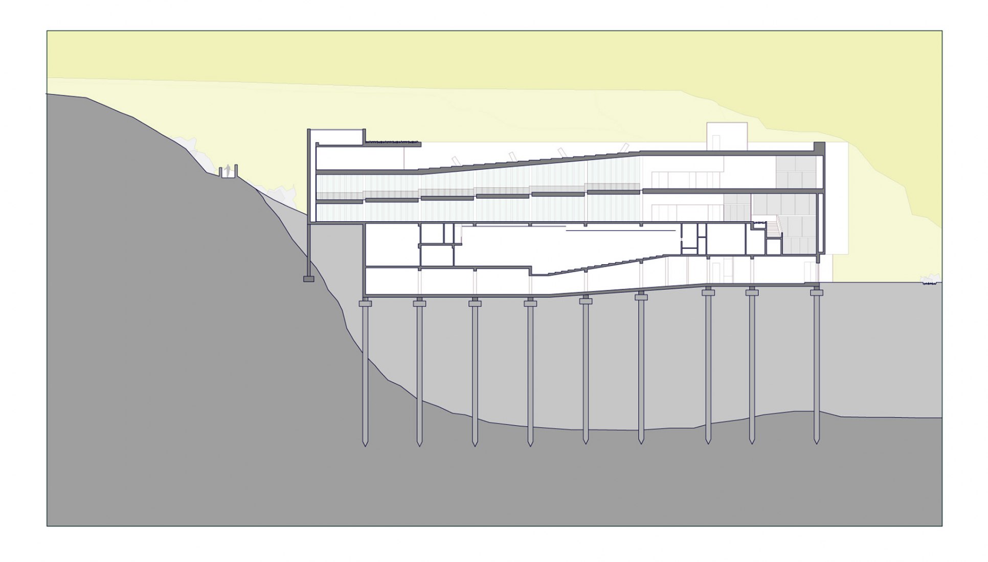 Longitudinal section The place of remembrance by Barclay & Crousse Architects. Image courtesy of Barclay & Crousse Architects