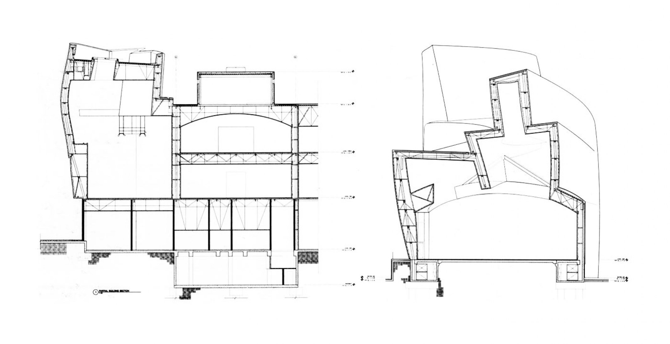 Secciones transversales del proyecto, 1991 - 1995. Museo Guggenheim Bilbao