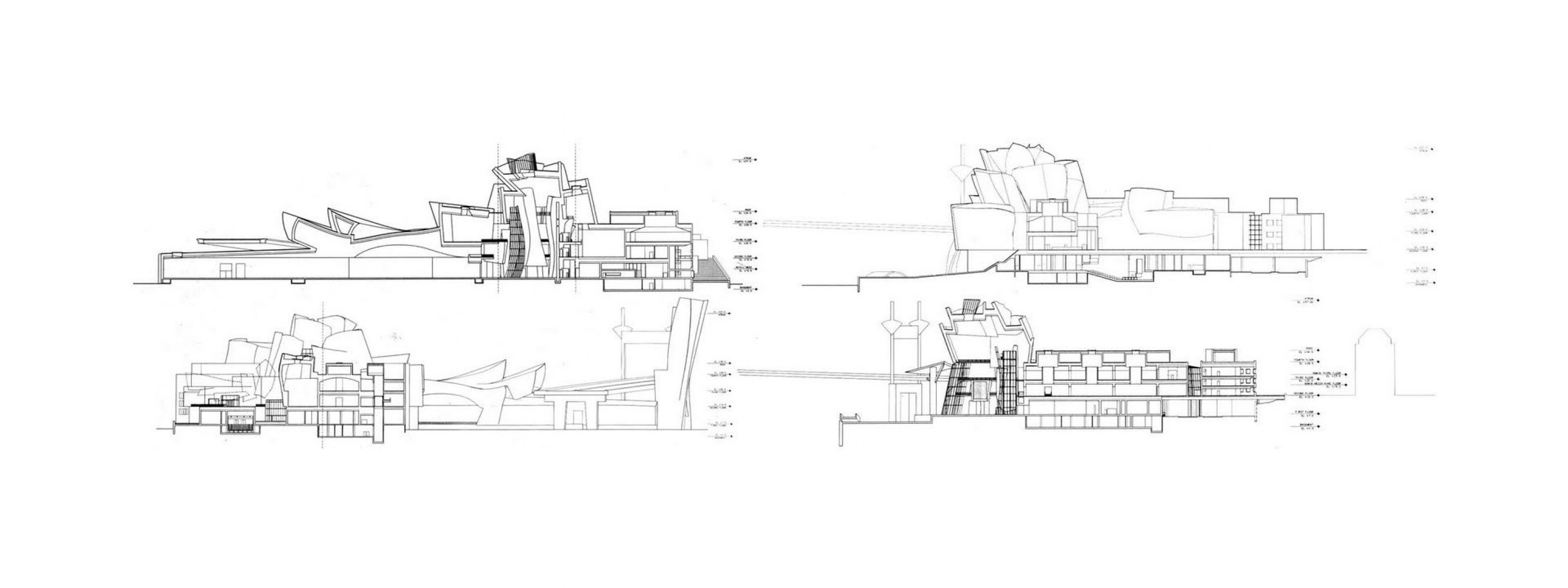 Secciones longitudinales del proyecto, 1991 - 1995. Museo Guggenheim Bilbao