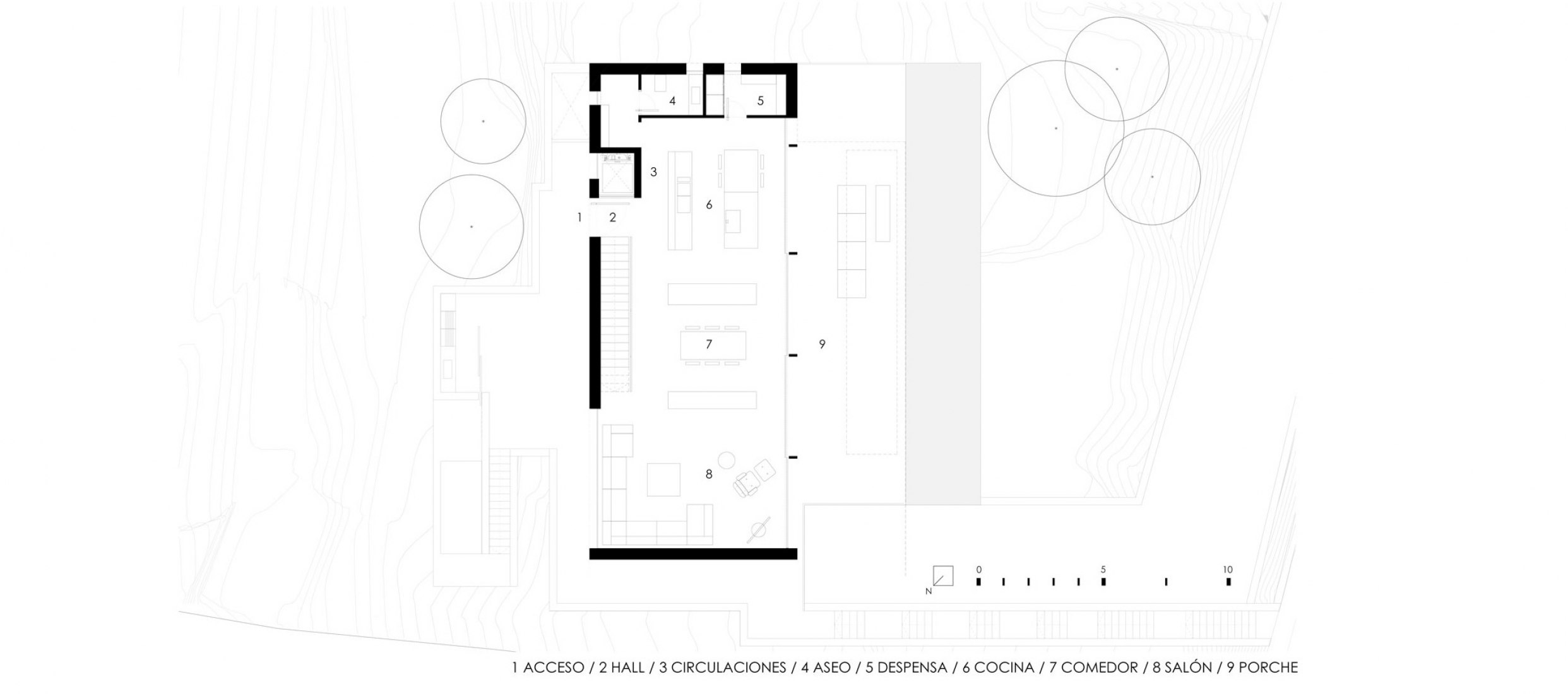 Plano de planta baja. Casa Oslo - Volumen de hormigón, por Ramón Esteve Estudio.