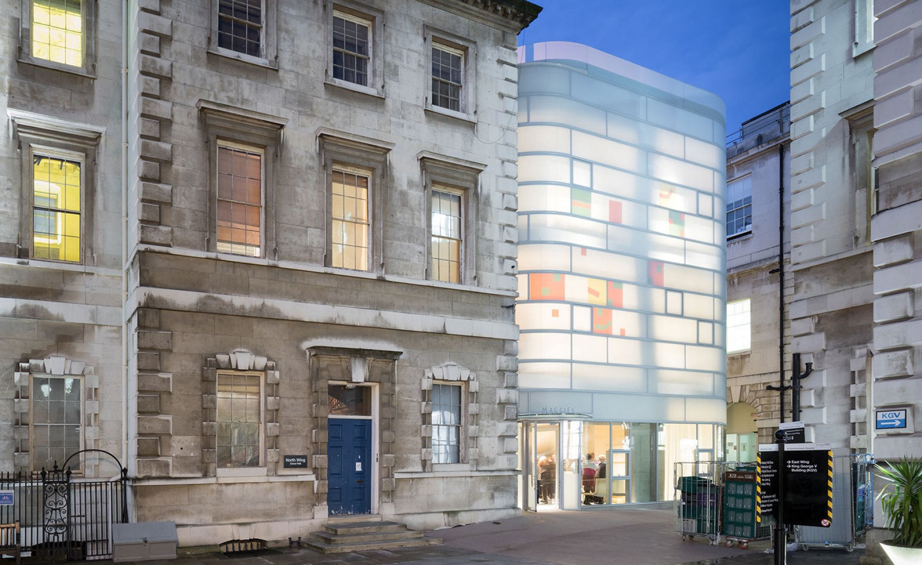 Night view. New Maggie's Centre by Steven Holl. Photograph © Iwan Baan