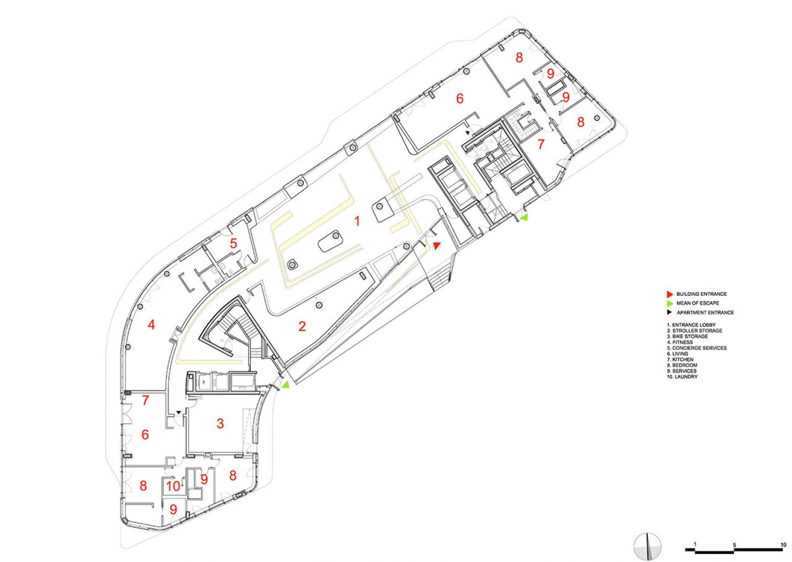 Planta baja de uno de los bloques. Residencial Citylife por Zaha Hadid.