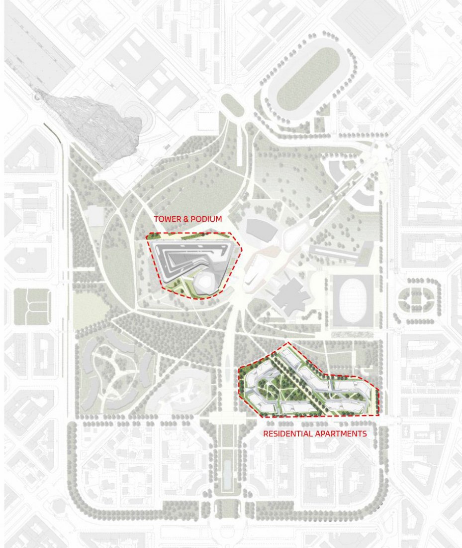 Plano de situación de la torre y el conjunto residencial por Zaha Hadid. Residencial Citylife por Zaha Hadid.