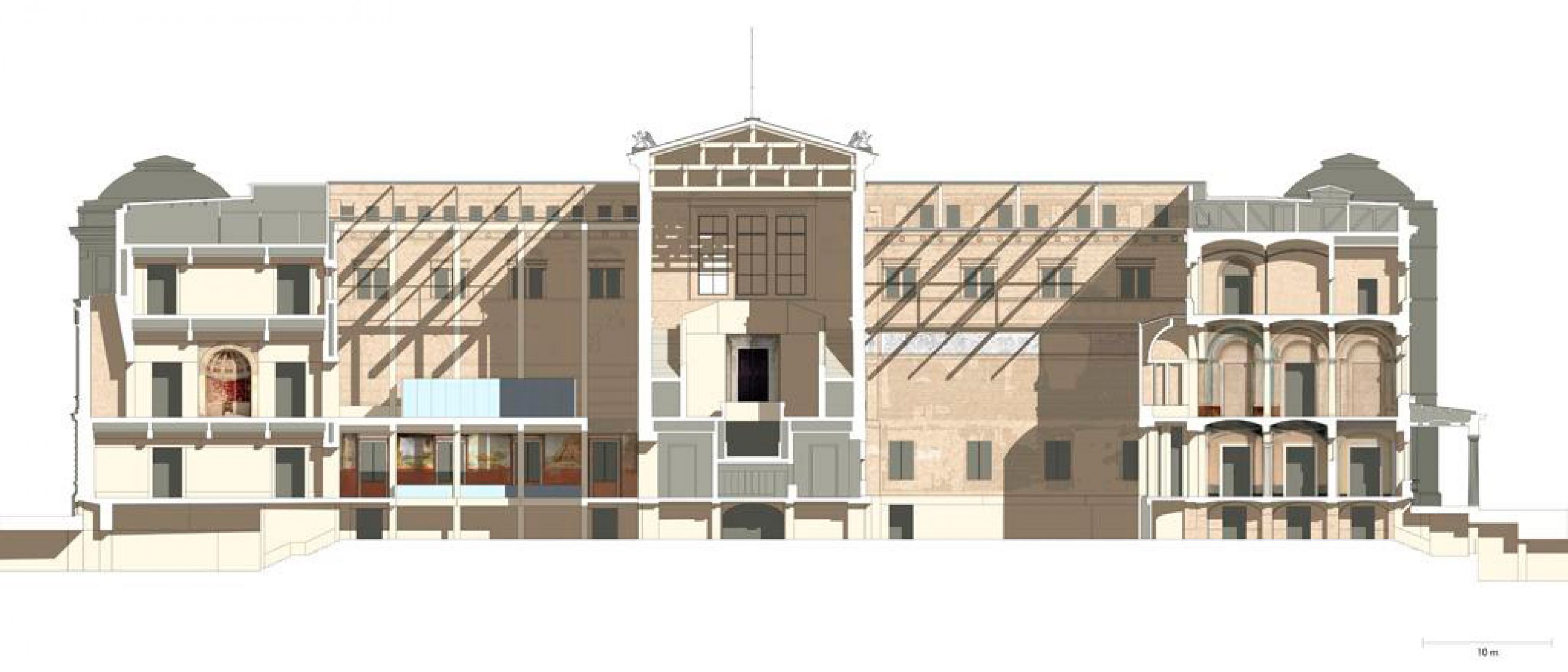 Section through the Egyptian and the Greek Courtyard. ©David Chipperfield Architects