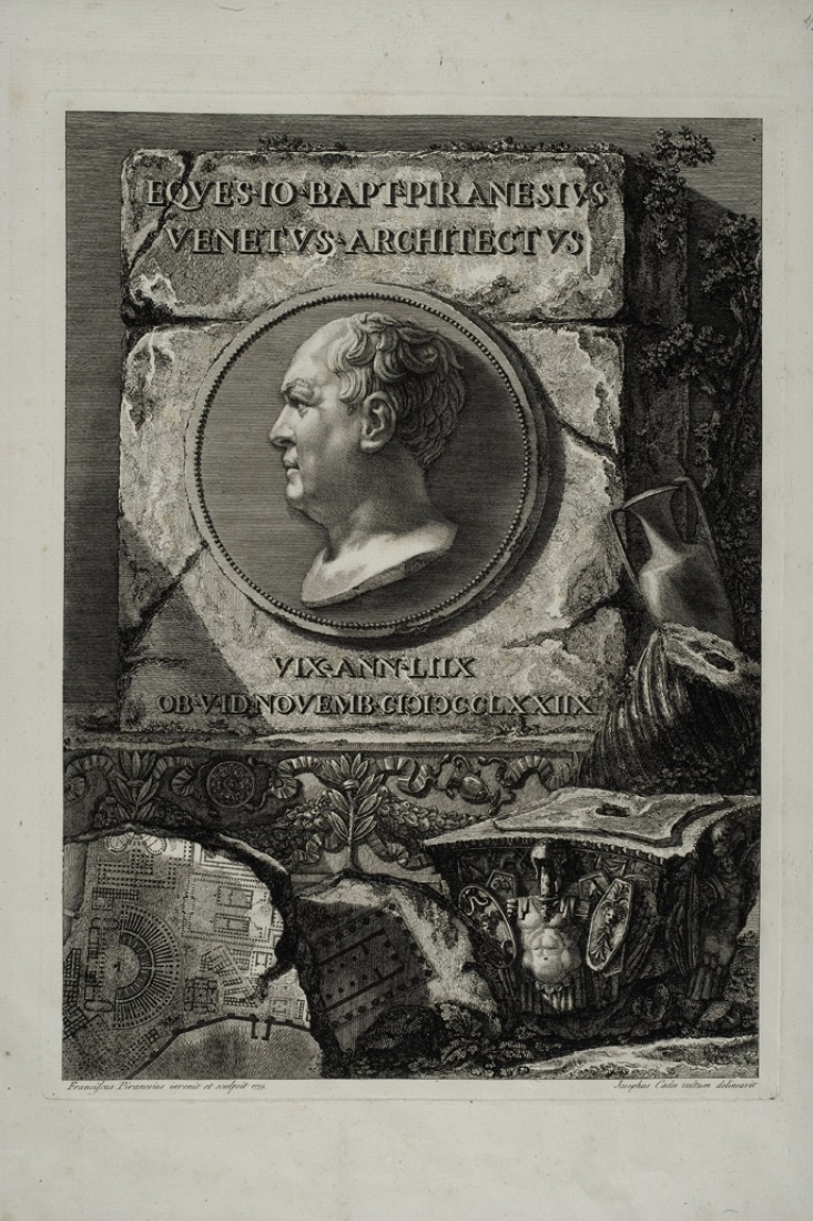 Piranesi (drawing by Giuseppe Cades). Portrait of Giambattista Piranesi. Frontispiece of the second posthumous edition of Le Antichità Romane (1784), volume I. Fondazione Giorgio Cini, Venice.