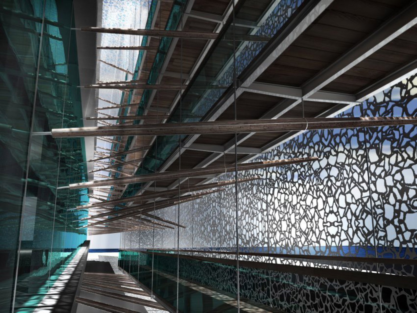Project, interior view. MuCem, by Rudy Ricciotti. Click above to see larger image.  Proyecto, vista interior. MuCem, por Rudy Ricciotti.