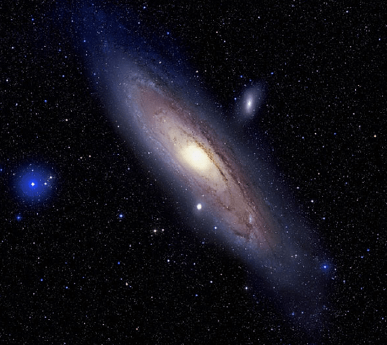 The Andromeda Galaxy, the nearest major spiral galaxy to the Milky Way, with diameter of about 220,000 light years compared to the Milky Way's 100,000.