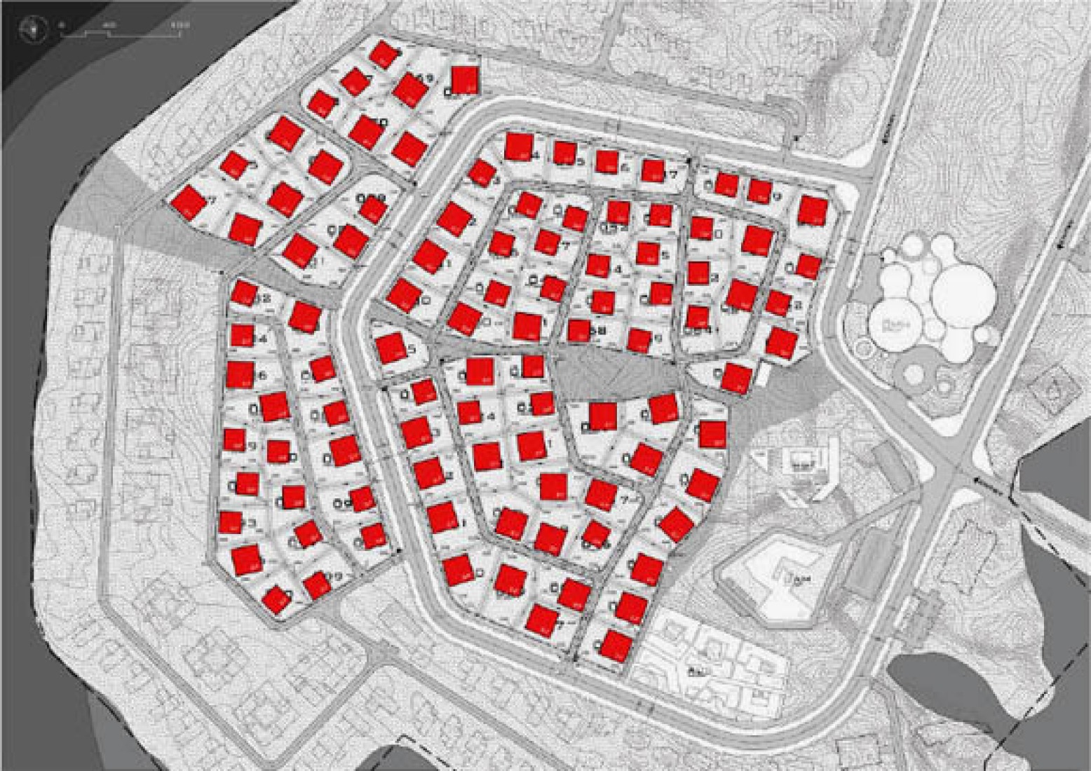 Ordos 100 : plan masse, le musée d'art est à dOrdos 100. Plan director. Museo de arte a la derecha, viviendas en rojo. Entre barrio del arte y zoologico arquitectónicoroite, les villas en rouge