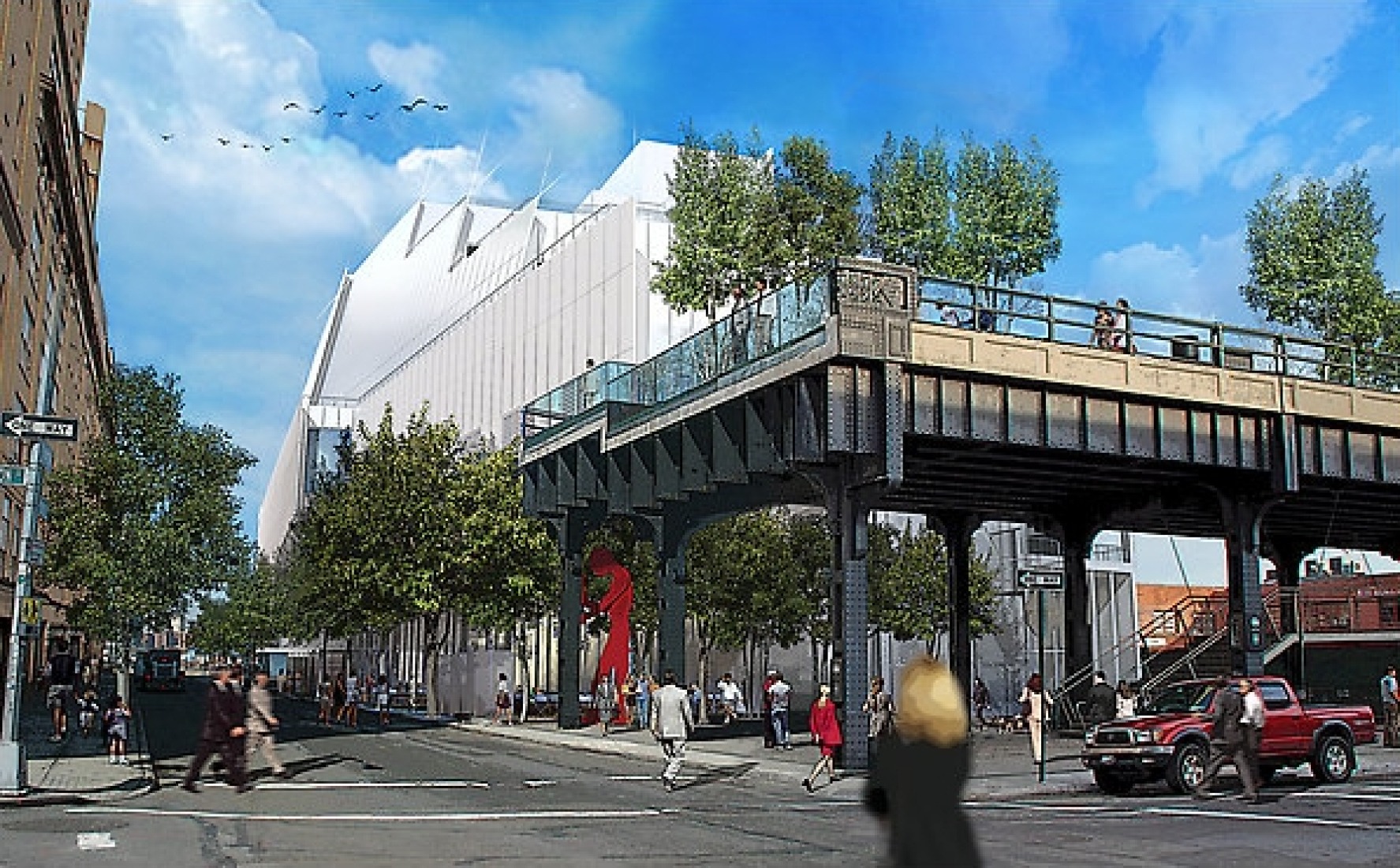 Una representación de la nueva ampliación propuesta para el Whitney Museum of American Art en distrito "Meatpacking", diseñado por Renzo Piano, mostrando la High Line en primer plano.