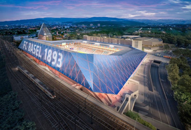 Rendering. New St. Jakob Park stadium, "Joggeli" by Herzog & de Meuron. Rendering by Vorstudie.