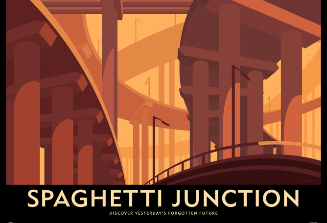 Ilustración del Spaghetti Junction. Lost Destination por Dorothy y Stephen Millership.