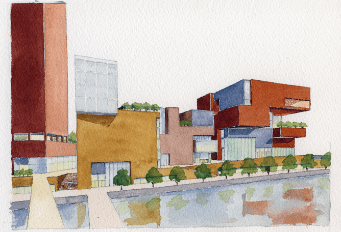 View from the pleasure gardens in the south of the Park towards Stratford Waterfront, one of the sites for the Olympicopolis project.  Shown here are the buildings that will house organisations including the Victoria & Albert Museum, the Smithsonian Institution and Sadler's Wells Theatre, as well as part of a residential tower. Stratford Waterfront site sketch. Courtesy of O’Donnell + Tuomey. 