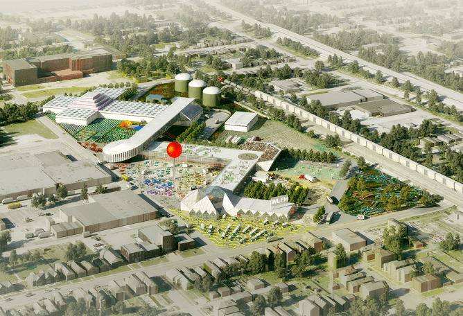 Aerial view of OMA’s master plan, looking south. Food Port in West Louisville by OMA. Image courtesy of OMA. Aerial view of OMA’s master plan, looking south. Food Port in West Louisville by OMA. Image courtesy of OMA.