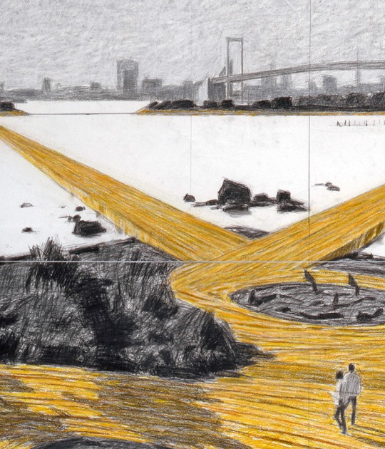 Christo and Jeanne-Claude. The Daiba Project (The Floating Walkways at Tokyo Bay, The Walkways at Odaiba Park, The 147 Steps at Fuji Television Headquarters). 1996. Graphite, charcoal, pastel, wax crayon and map on paper. 38 x 165 x 4 cm 107 x 165 x 4 cm. Courtesy by Christo and Jeanne-Claude Foundation / Prats Nogueras Blanchard Barcelona/Madrid Christo and Jeanne-Claude. The Daiba Project (The Floating Walkways at Tokyo Bay, The Walkways at Odaiba Park, The 147 Steps at Fuji Television Headquarters). 1996. Graphite, charcoal, pastel, wax crayon and map on paper. 38 x 165 x 4 cm 107 x 165 x 4 cm. Courtesy by Christo and Jeanne-Claude Foundation / Prats Nogueras Blanchard Barcelona/Madrid