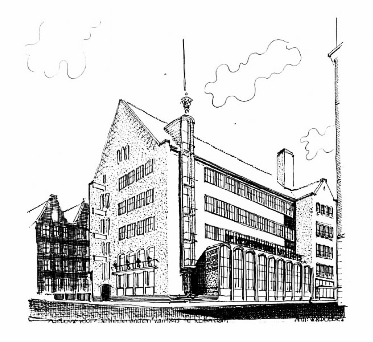 Primera propuesta para De Nederlanden van 184. Dibujo de W. M. Dudok. Imagen cortesía de Het Nieuwe Instituut  Primera propuesta para De Nederlanden van 184. Dibujo de W. M. Dudok. Imagen cortesía de Het Nieuwe Instituut