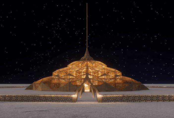 Night view. The 2023 Temple of the Heart by Ela Madej and Reed Finlay.
